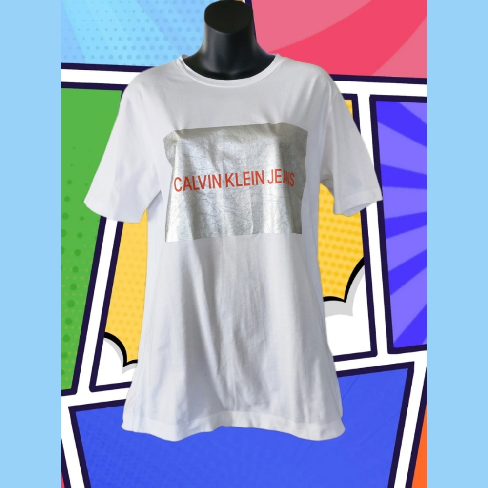 CALVIN KLEIN WHITE WITH METALLIC MONOGRAM LOGO T SHIRT - Picture 2 of 5